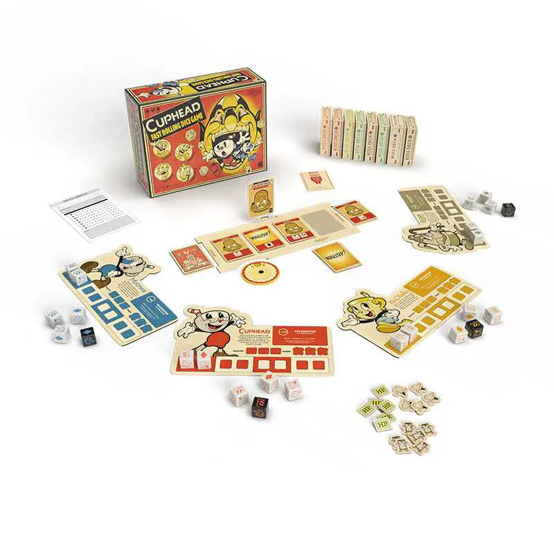 Full View of the Cuphead Fast Rolling Dice Game and Its Pieces on White Background