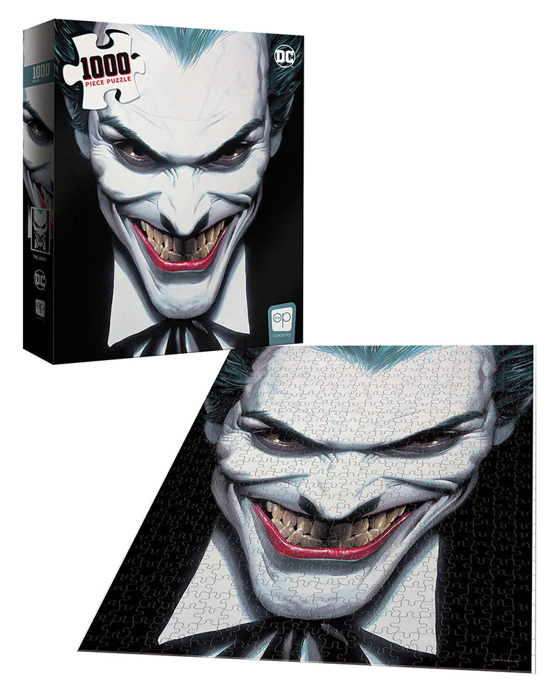 DC Comics Joker 1000pc. Puzzle: 27in x 19in: "Clown Prince of Crime" Grinning Art Puzzle Displayed on Table
