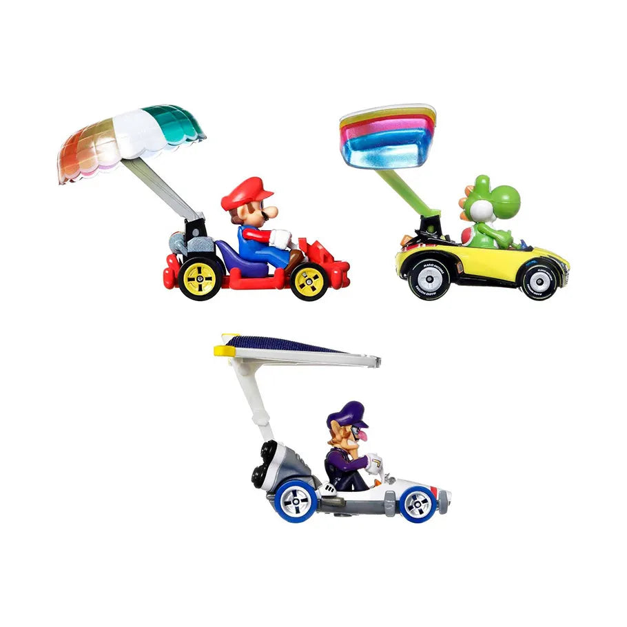 Hot Wheels Mario Kart Cars: Mario Waluigi & Yoshi 3-Pack Glider Edition: 1:64 Scale Out of the Packaging Side Profile
