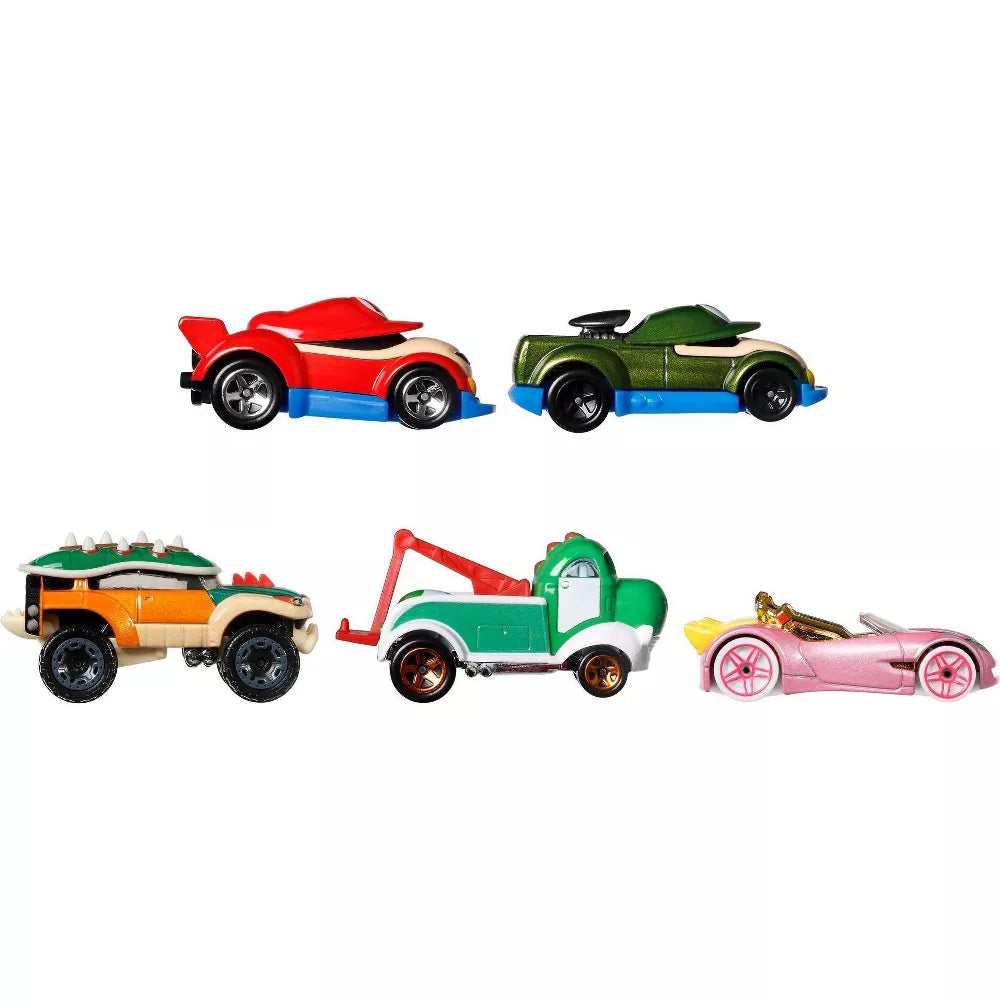 Hot Wheels Super Mario Character Cars: 5-Pack Box Set: 1:64 Scale Side Profile on White Background