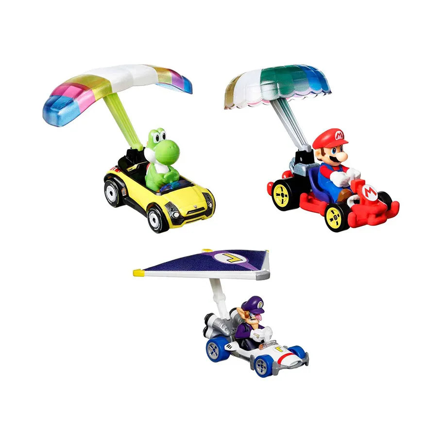 Hot Wheels Mario Kart Cars: Mario Waluigi & Yoshi 3-Pack Glider Edition: 1:64 Scale Out of the Packing Front Profile