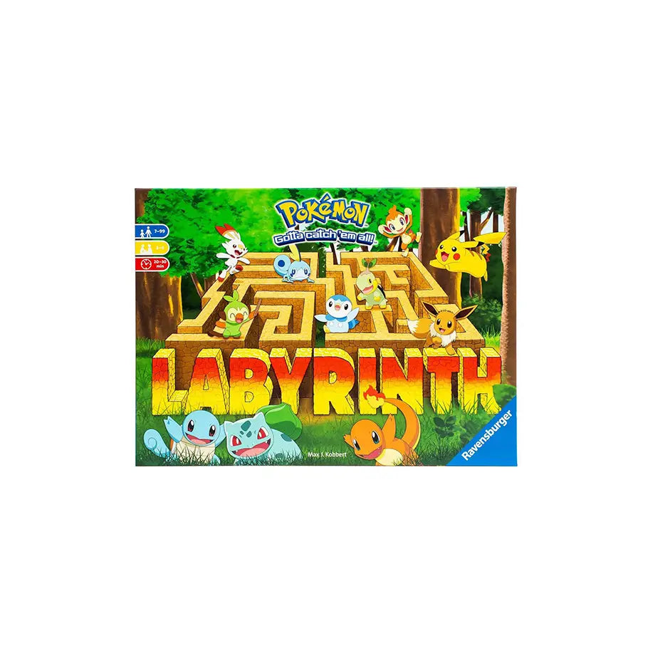 Front profile of the pokemon Labyrinth board game. Art shows Pikachu, Bulbasaur, Charmander, Squirtle and many more Pokemon Playing