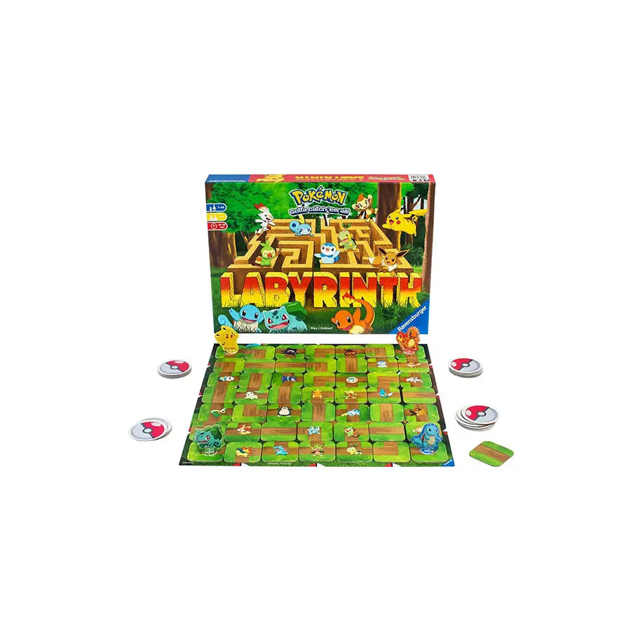 Pokemon Labyrinth Board Game featuring Charmander, Bulbasaur, Pikachu, and Squirtle Pieces on Game Board.
