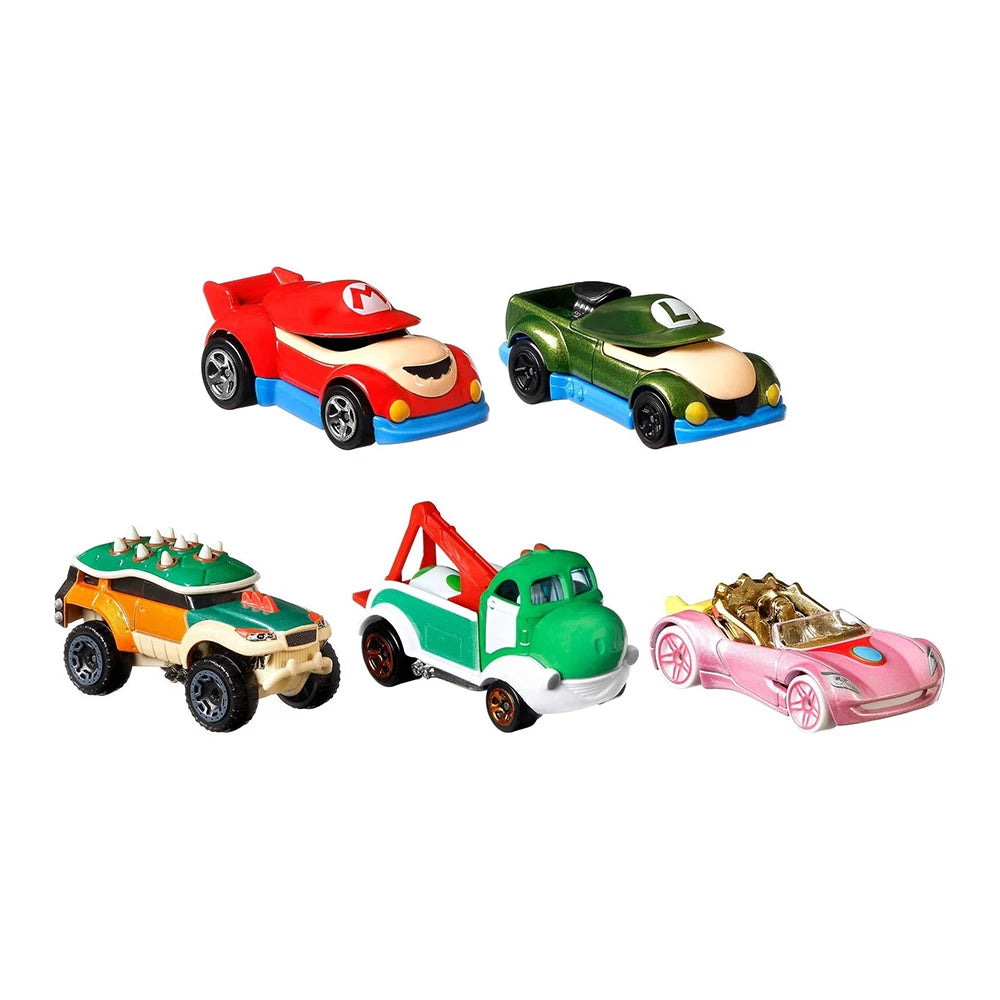 Hot Wheels Super Mario Character Cars: 5-Pack Box Set: 1:64 Scale Displayed on White Background