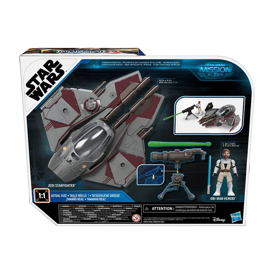 Rear Profile of Star Wars Mission Fleet Medium Sized Action Figure Set Featuring the Jedi Starfighter and Obi-Wan Kenobi in the Box