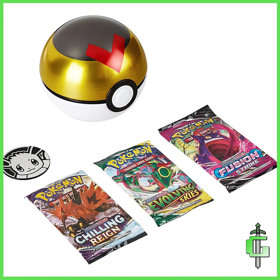 Pokemon TCG Collectible Tin Shaped Like a Pokeball. Includes 3 Booster packs and is Gray Colored