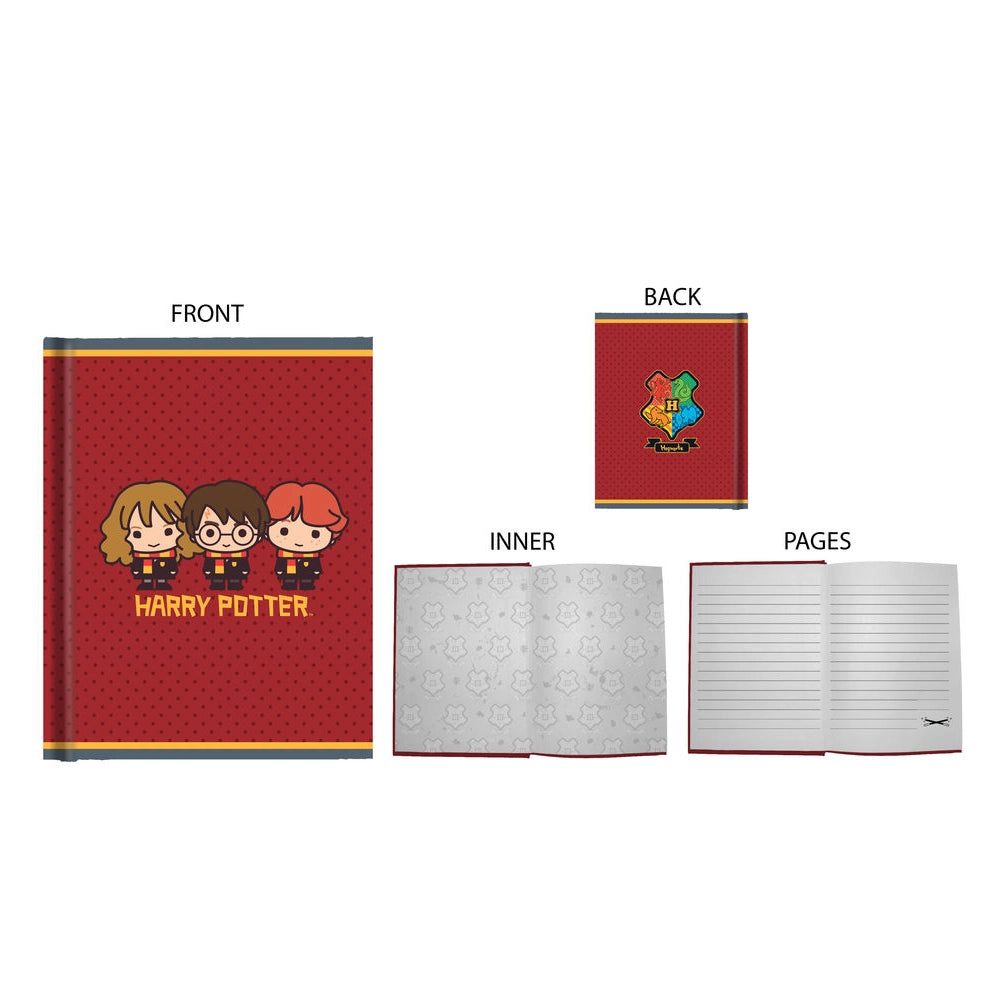 Harry Potter Chibi Art Hard Cover Journal 6"x8" Featuring Harry Hermoine & Ron Front Profile and Open Profile