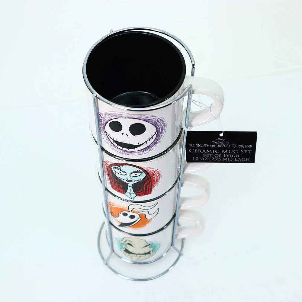 Tim Burton's Nightmare Before Christmas: Set of 4 Stackable 10oz Mugs With Stand: Jack Sally Zero Oogie Boogie