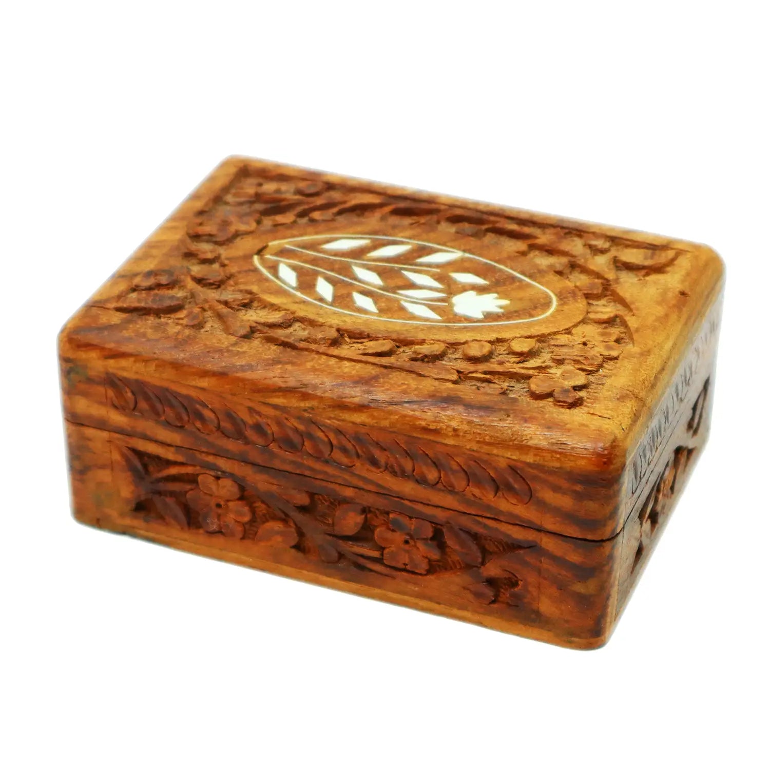 Antique Primitive Handcarved Hardwood Jewelry Box w/ Carved Floral Designs