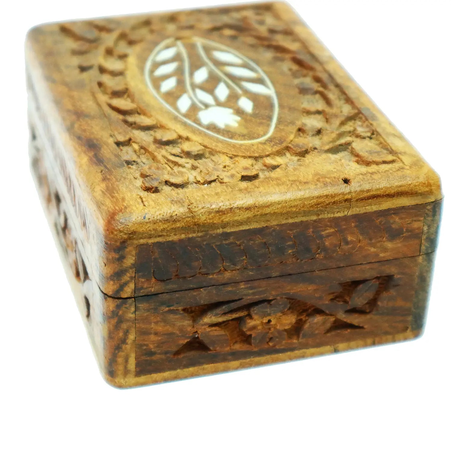 Side Profile - Antique Primitive Handcarved Hardwood Jewelry Box w/ Carved Floral Designs