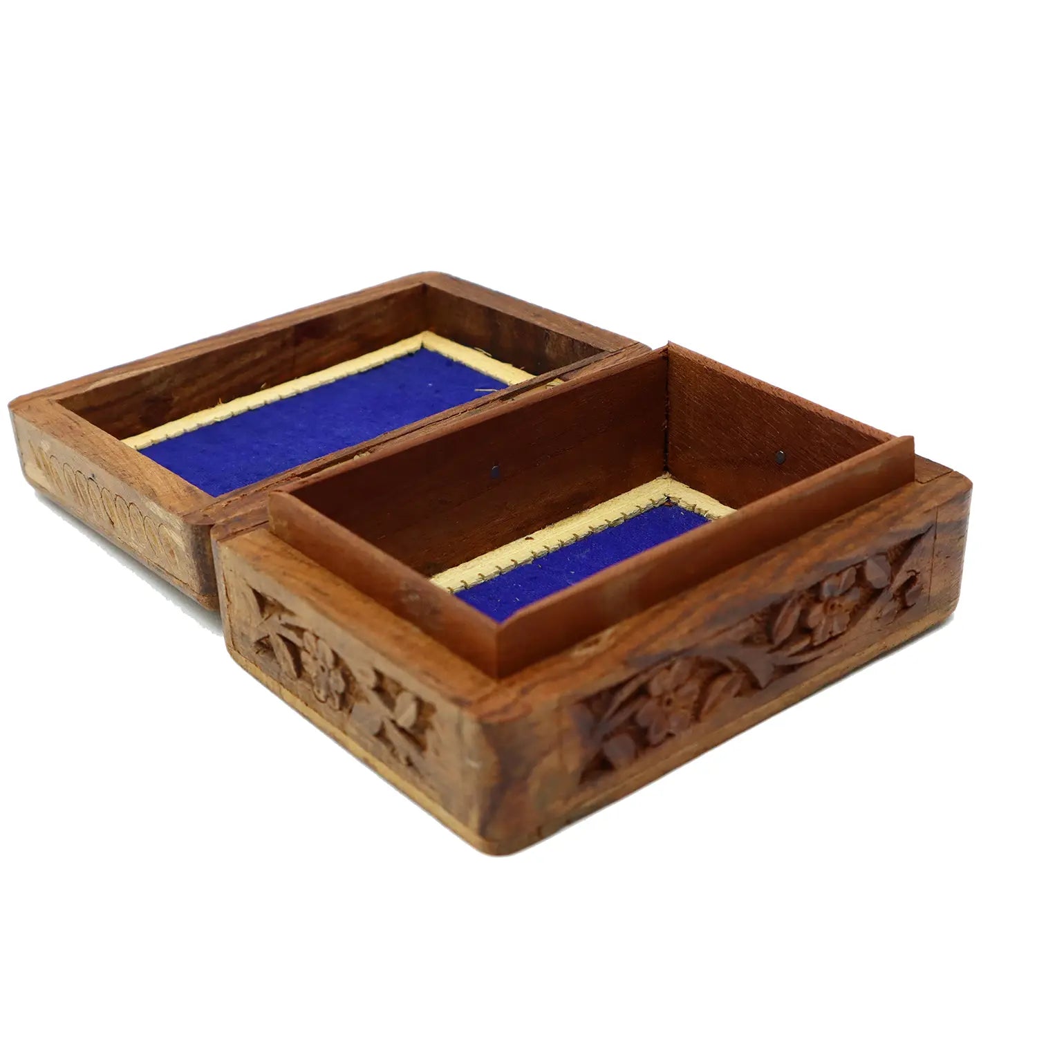 Open Box w/ Royal Blue Lining - Antique Primitive Handcarved Hardwood Jewelry Box w/ Carved Floral Designs