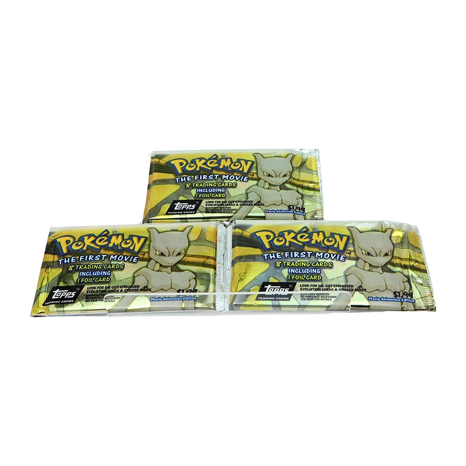 Vintage 1999 Booster Packs from Pokemon the First Movie featuring the black logo and mewtwo on the cover, set of 3 packs