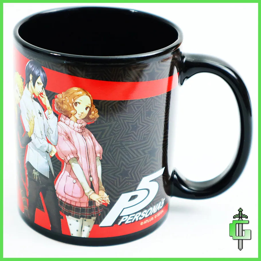 Persona 5 official license Ceramic Black Mug with Full Character Cast Wrapped Around showing logo and handle