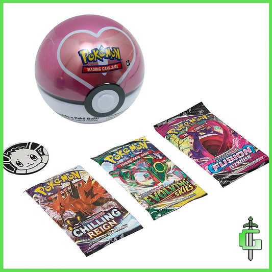 Pokemon TCG Collectible Tin Shaped Like a Pokeball. Includes 3 Booster packs and is Pink Colored 
