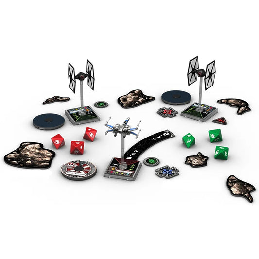 Star Wars X-Wing Miniature Game: The Force Awakens Miniatures and Pieces Laid out on Table for Display