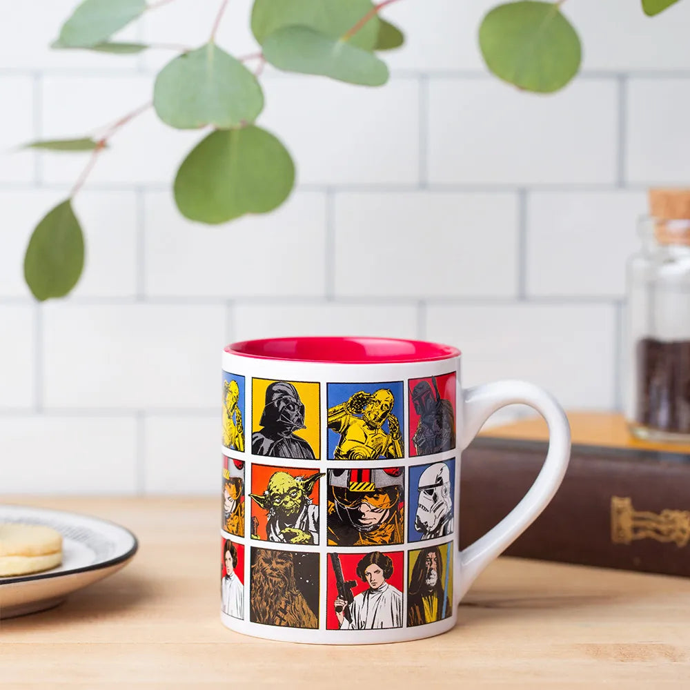 Star Wars Comic Book Grid 14oz Ceramic Mug: Luke Skywalker Yoda Darth Vader & More Displayed on Table