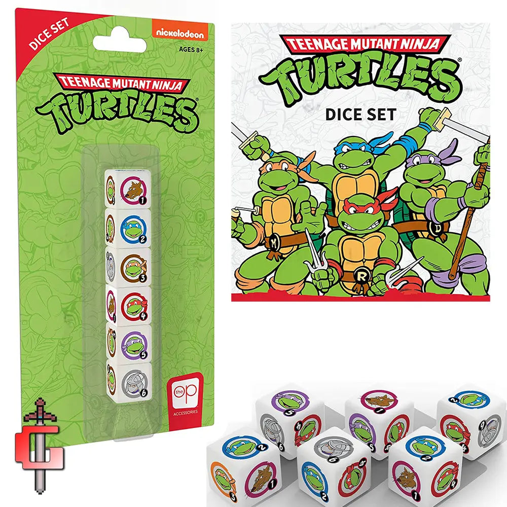 Collectible Teenage Mutant Ninja Turtles 6-sided dice set featuring iconic TMNT characters – Splinter, Leonardo, Michelangelo, Raphael, Donatello, and Shredder 