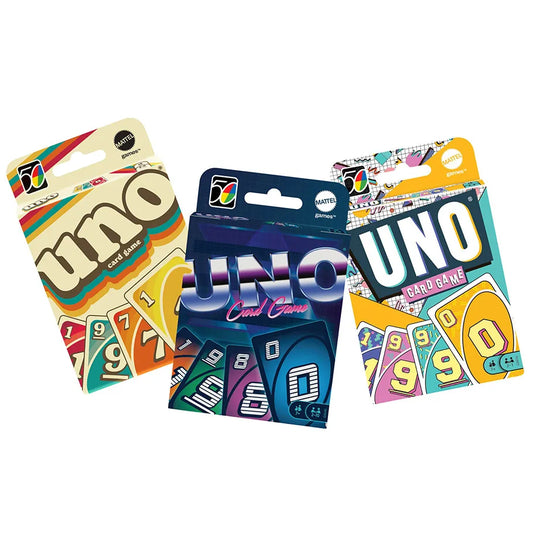 Nostalgia Uno Bundle Including the Card Game 70's Version, 80's Version, and 90's Version