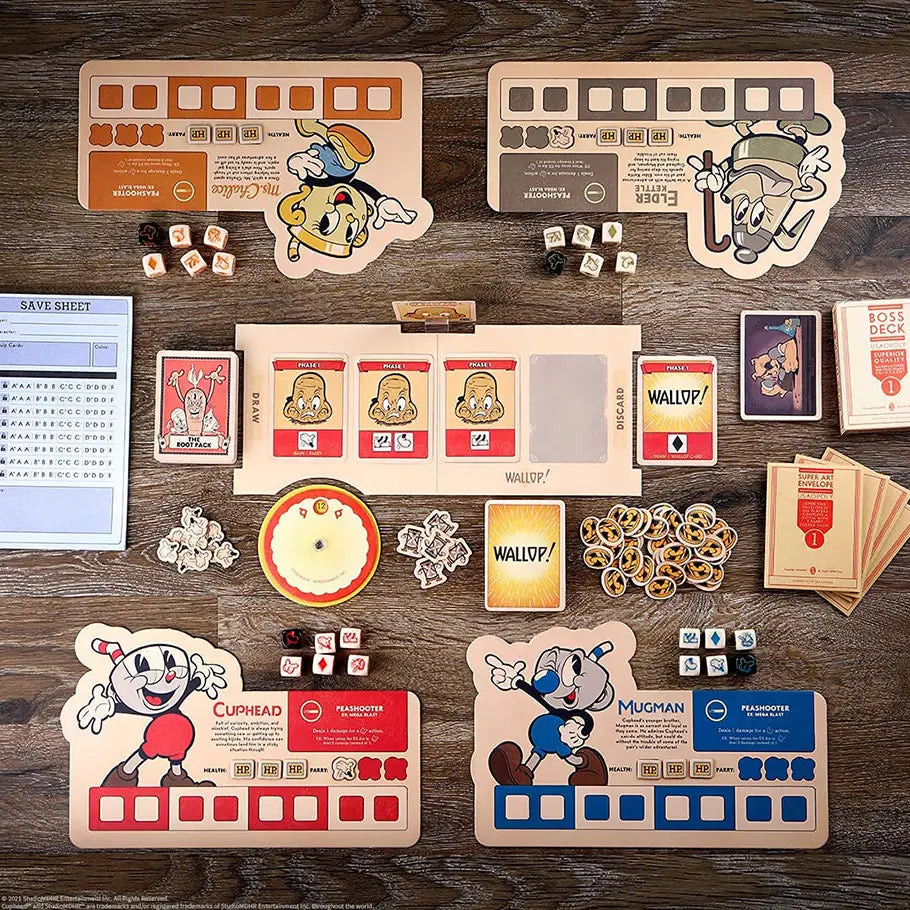The Cuphead Board Game Pieces Layed on Wooden Table Before People Begin PLaying