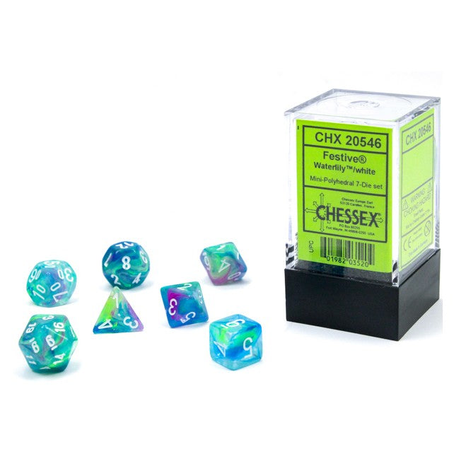 7ct. Mini Dice Set: Chess Ex Waterlily Blue Purple Swirl: D&D RPG Die