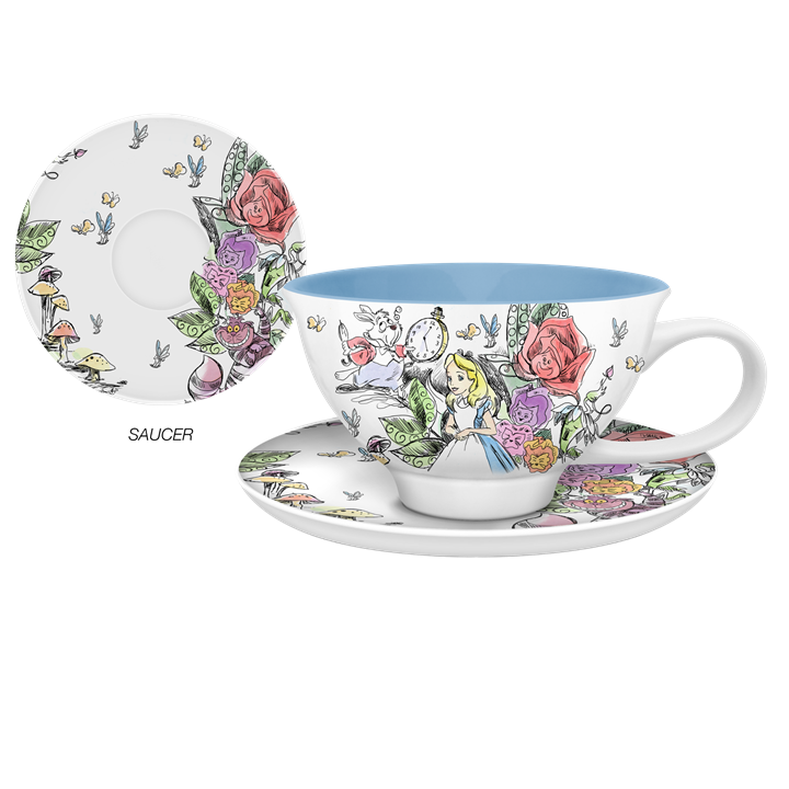 Alice in Wonderland Sketch Scene 12oz Ceramic Teacup and Saucer