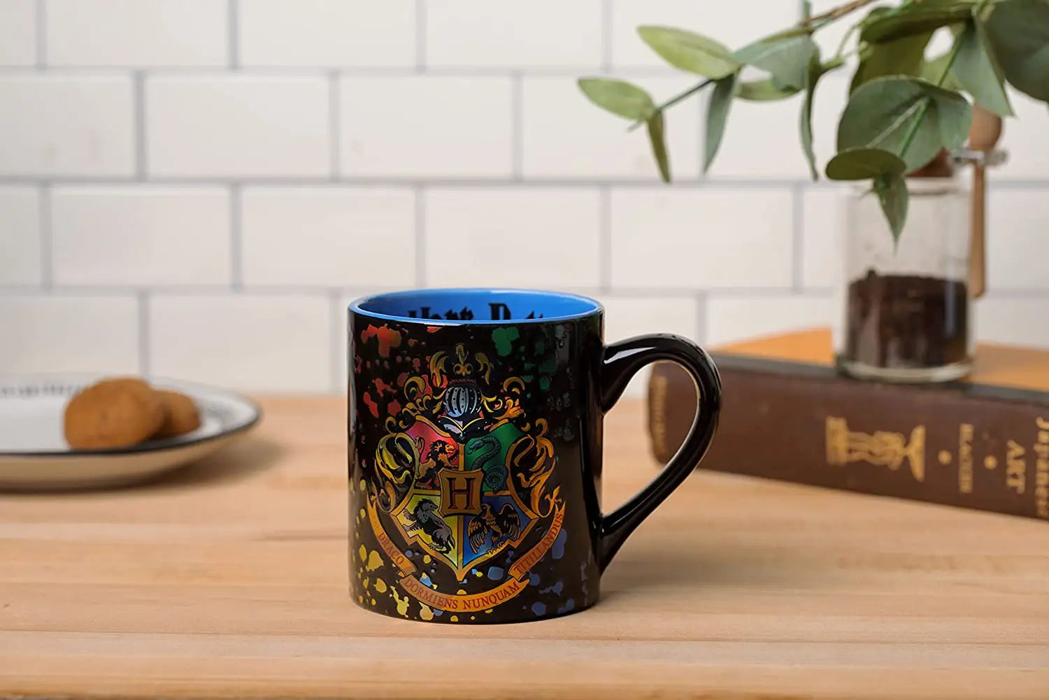 Harry Potter Hogwarts Full Crest 14oz Laser Etched Holographic Ceramic Mug Displayed on Table