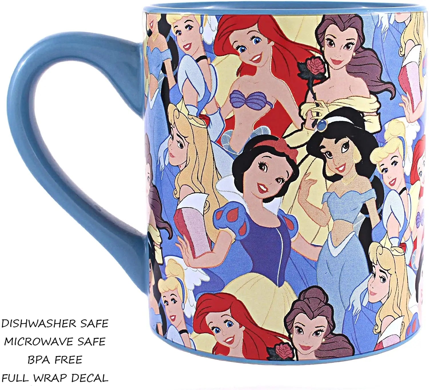 Disney Princess Collage 14oz Ceramic Mug: Featuring Ariel Aurora Belle Cinderella Jasmine Snow White Close Up Front Profile
