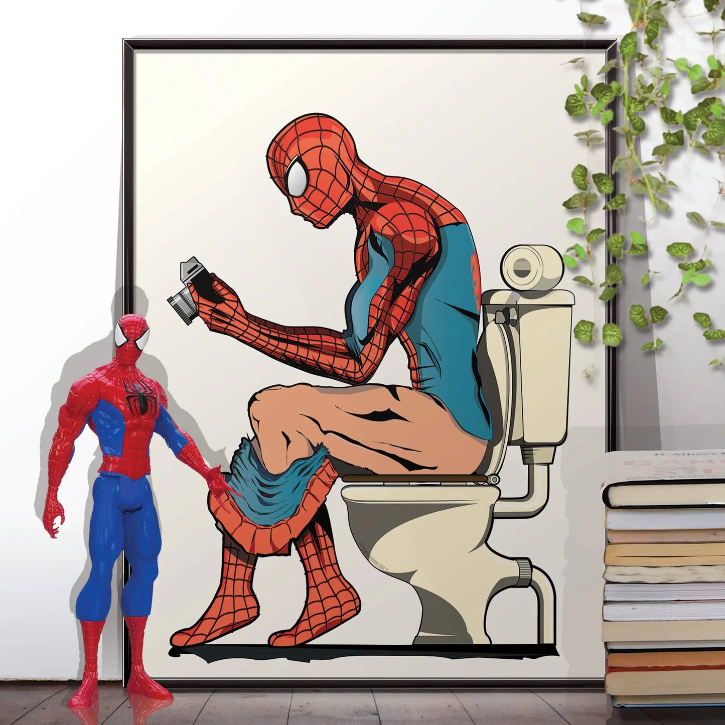 Funny Art Print of Spider-man on the Toilet: 12in x 16in Unframed
