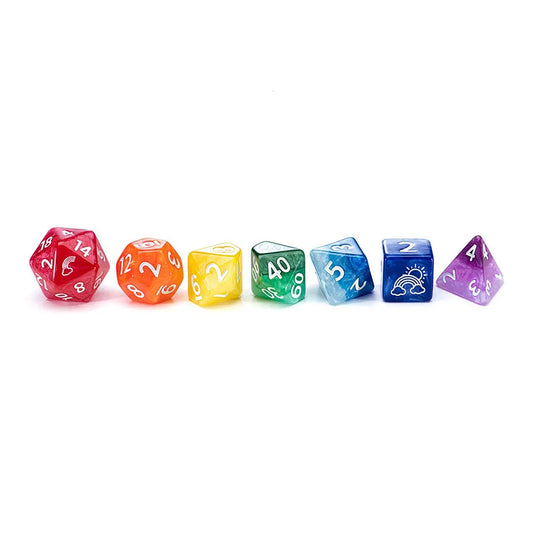 Set of 7 handmade Rainbow Colored Resin Dice for Dungeons and Dragons