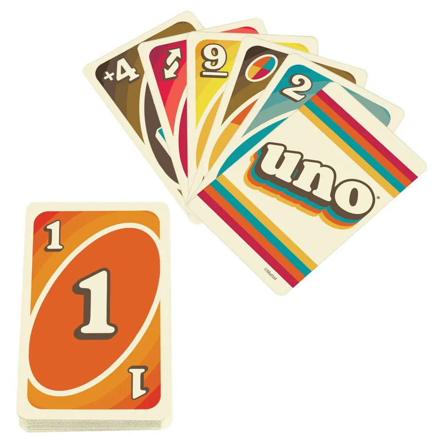 The Icon 70s Uno Card Set, showing cards out of box