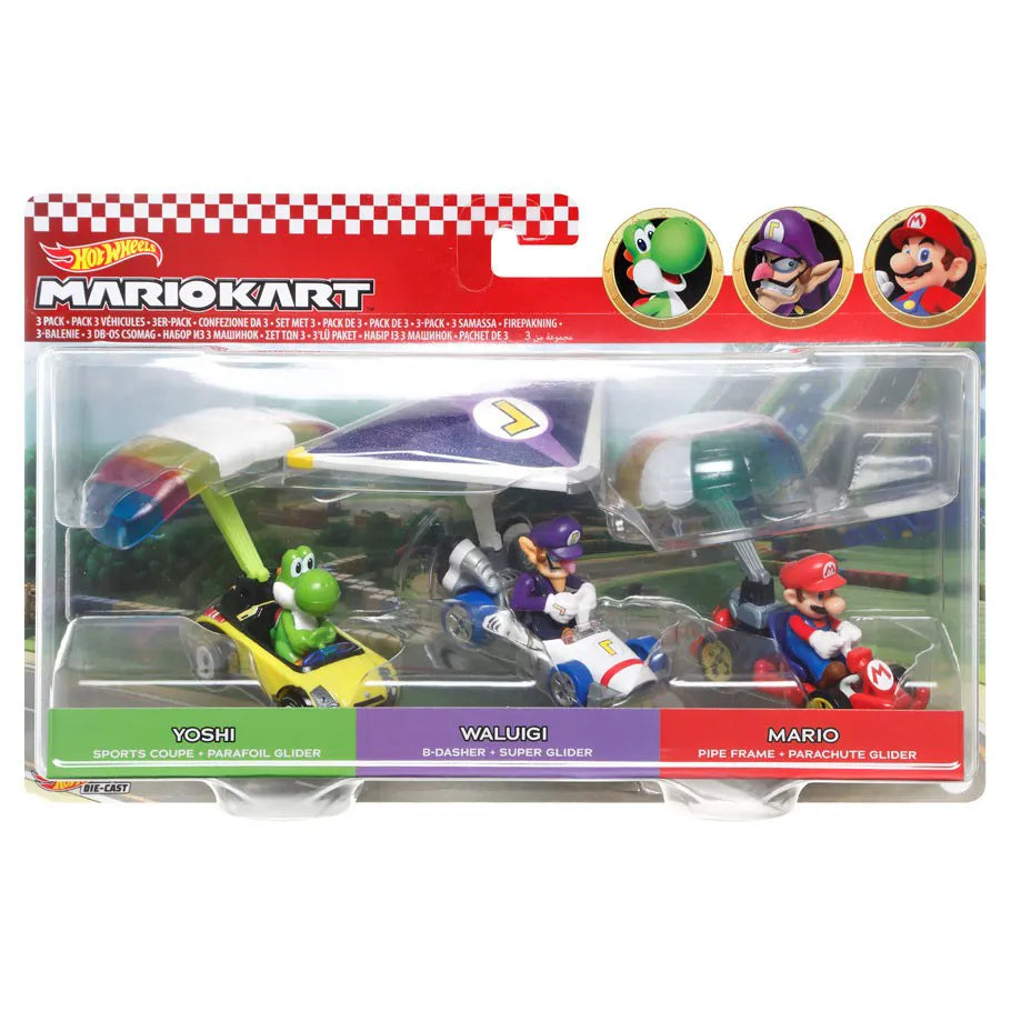 Hot Wheels Mario Kart Cars: Mario Waluigi & Yoshi 3-Pack Glider Edition: 1:64 Scale in Blister Pack