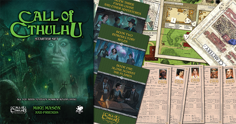 Displayed on Table - The Call of Cthulhu Starter Set contains books, dice, premade character sheets, maps